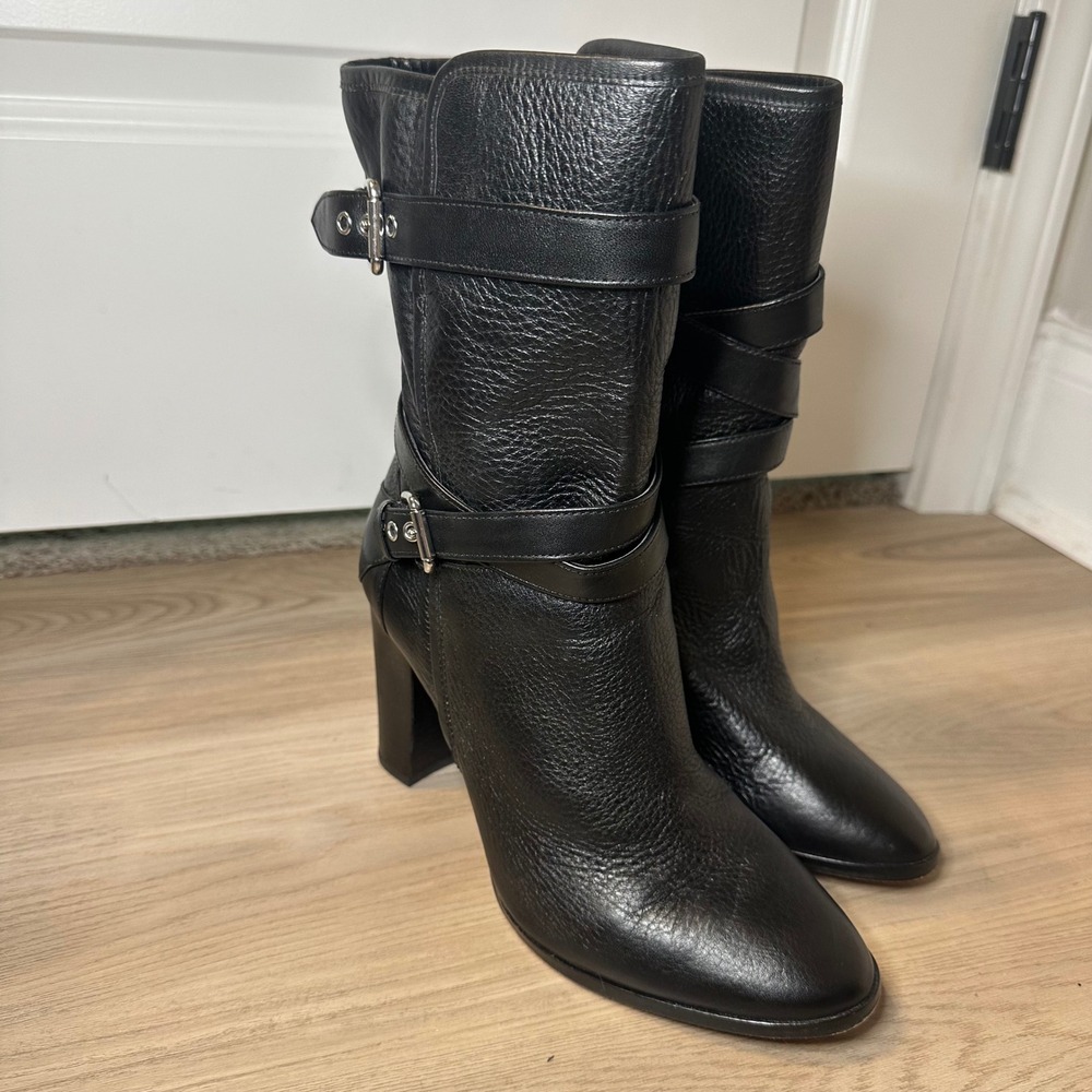 Coach Buckle Mid Calf Boots Black‎ pebbled Leather Size 8B Alexandra Chunky Heel